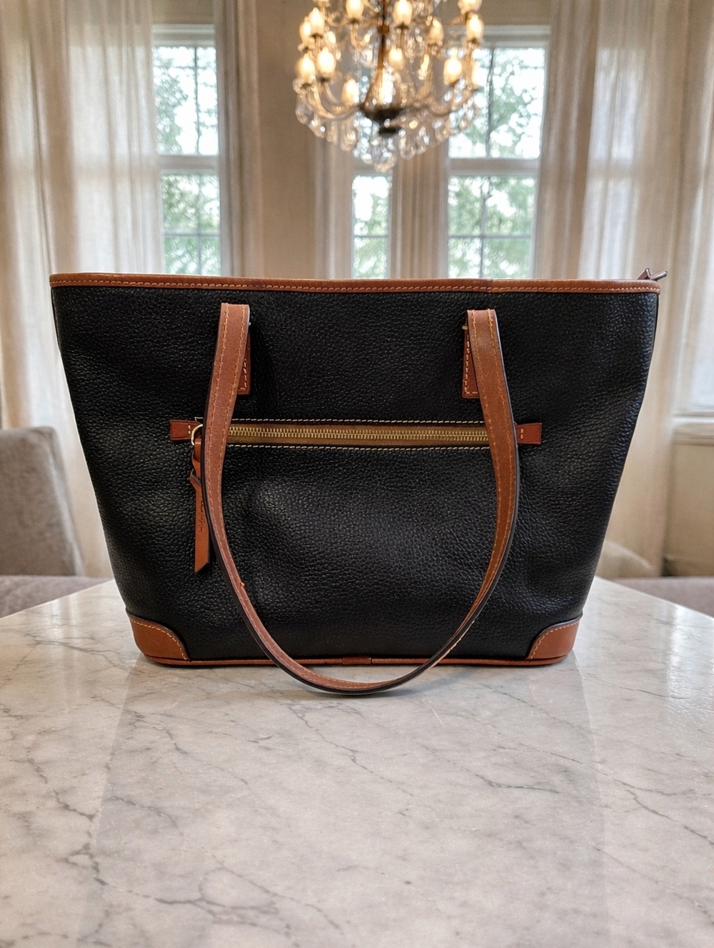 Dooney & Bourke Black Pebbled Leather Tote Brown Trim + NEW Red Leather Strap - Picture 2 of 9